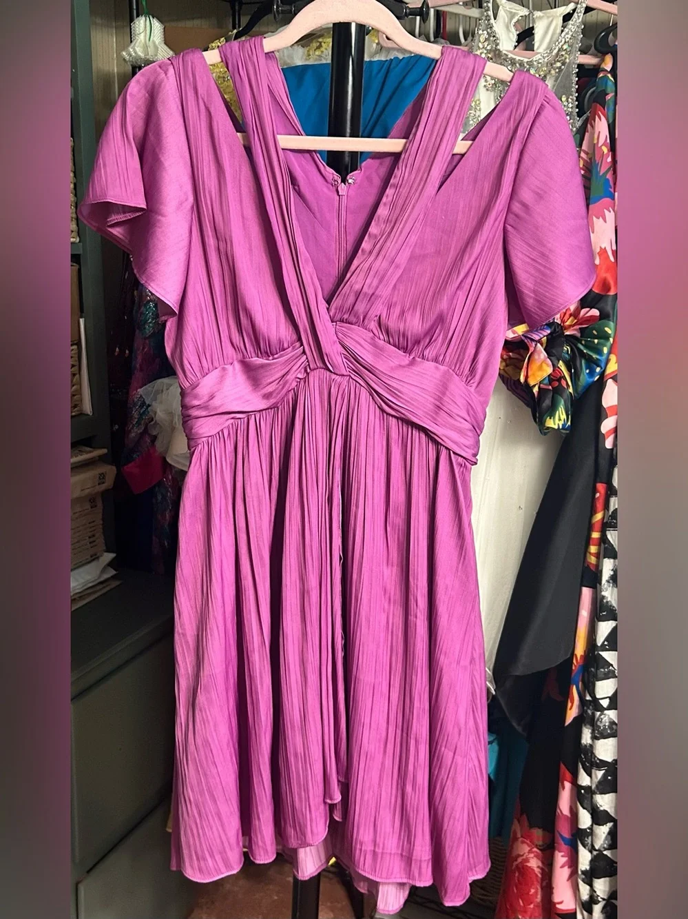 Anthropologie Deep V Neck Magenta Satin Mini Dress Size 2